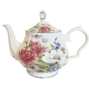 Grace Bone China Pink Rose Gold Trim Footed w/Lid Teapot 7.5” x 9”